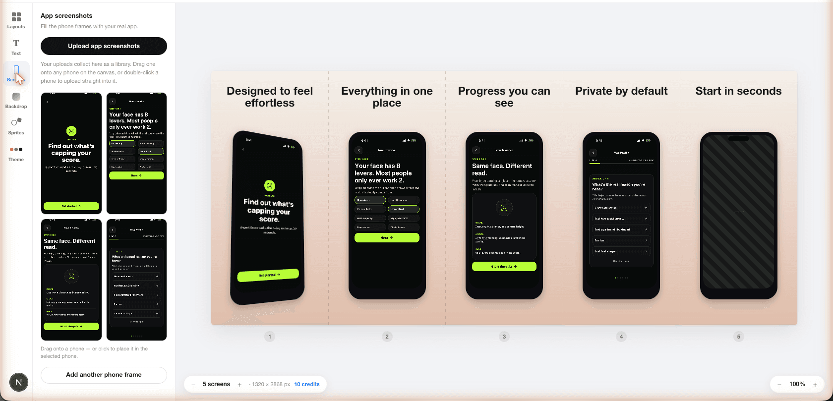 The studio's screenshot library — uploaded app screens ready to drag onto any phone on the canvas