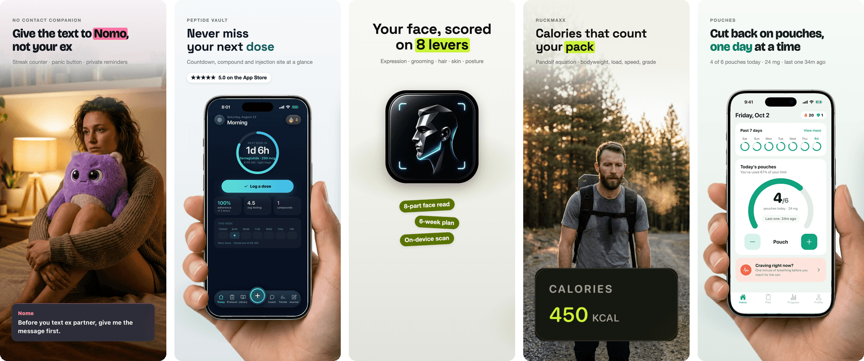 Five App Store opening slides Agent C designed from raw screenshots — a lifestyle photo, a hand-held phone, a big app icon
