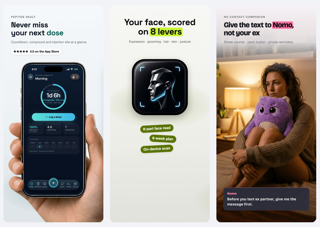 Three opening shots: a phone in a real hand, a big app icon with feature tags, and a lifestyle photo with a floating UI card