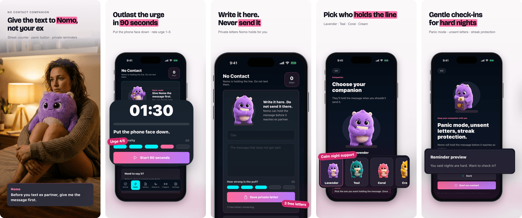 A five-slide App Store set Agent C designed for a no-contact app: lifestyle opener, claim headlines, magnified UI close-ups