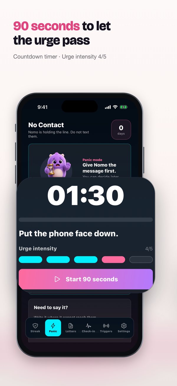 No Contact Companion App Store slide 2: 90 seconds to let the urge pass