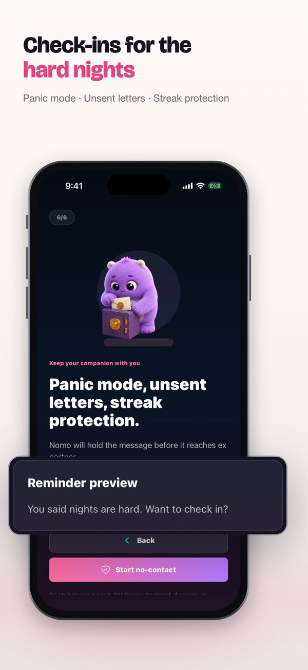 No Contact Companion App Store slide 4: Check-ins for the hard nights
