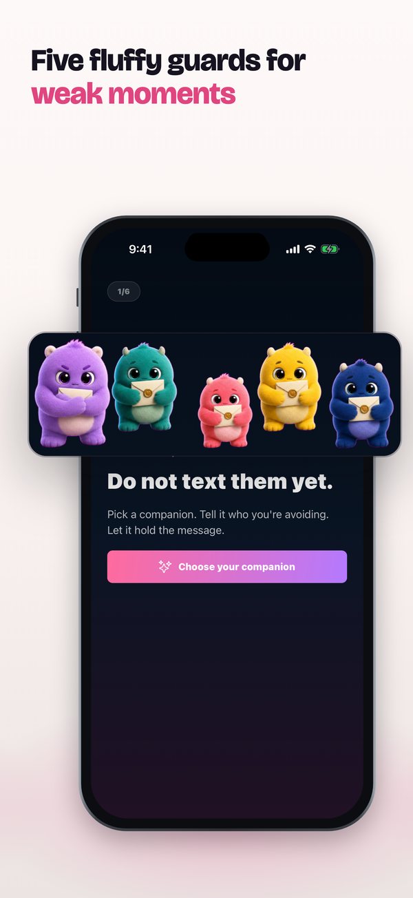 No Contact Companion App Store slide 6: Five fluffy guards for weak moments