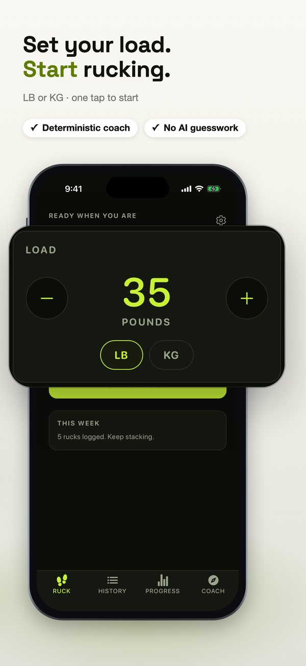 RuckMaxx App Store slide 5: Set your load. Start rucking.