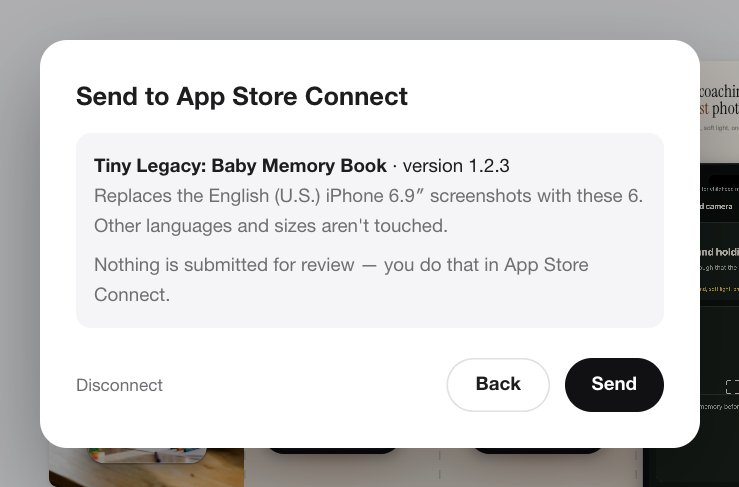 Send to App Store Connect confirmation: Tiny Legacy version 1.2.3, replaces English iPhone 6.9 inch screenshots, nothing submitted for review.