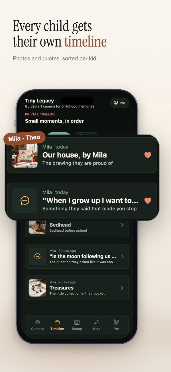 Tiny Legacy App Store slide 2: Every child gets their own timeline