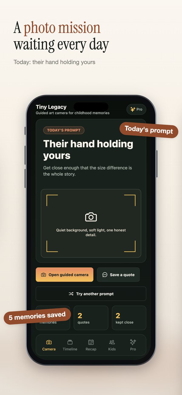 Tiny Legacy App Store slide 3: A photo mission waiting every day