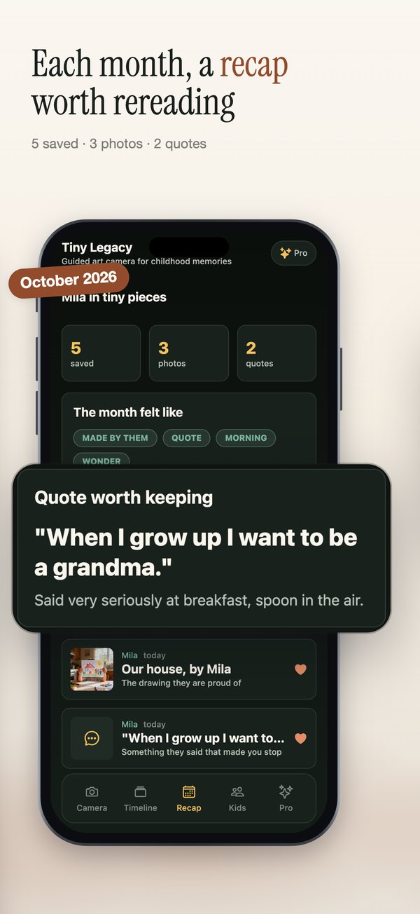 Tiny Legacy App Store slide 5: Each month, a recap worth rereading